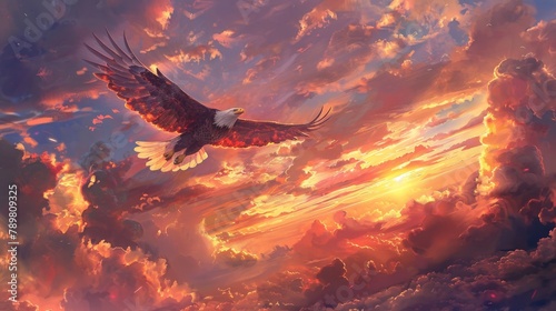 An eagle is flying in the sky at sunset.