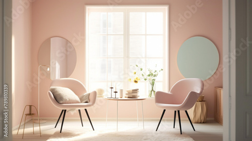 Find serenity in a Scandinavian-inspired space featuring two chrs in soft pastel tones  a central table  and an empty canvas agnst a backdrop of pure pink  white  or yellow. 