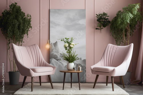 Find serenity in a Scandinavian-inspired setting with two chrs adorned in various hues, a central table, and an empty canvas set agnst a backdrop of pure pink, white, or yellow,  photo