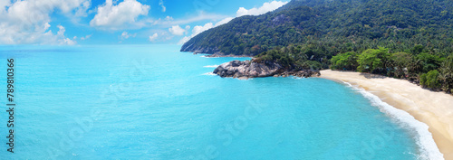 Sea view on tropical island beach, ocean panorama, mountain viewpoint landscape, Koh Phangan, Haad Than sadet national park, Surat Thani, Thailand, Southeast Asia, summer holidays, vacation, travel