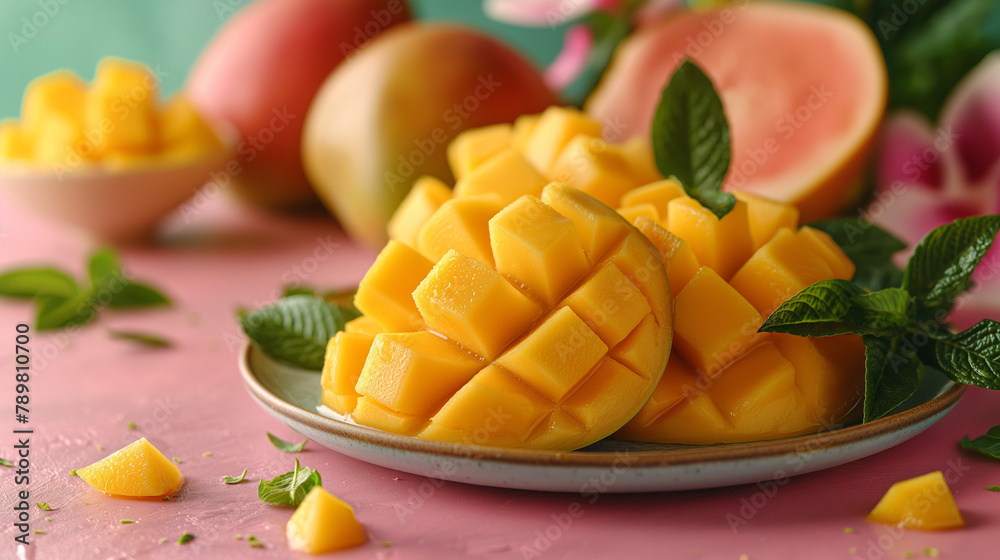 A scene photography of a mango, with a bright background. Some mangoes are cut open, while others are peeled open. It has a strong appetite, is moist and glossy. A scene photography of a mango, with a bright background. Some mangoes are cut open, while others are peeled open. It has a strong appetite, is moist and glossy.