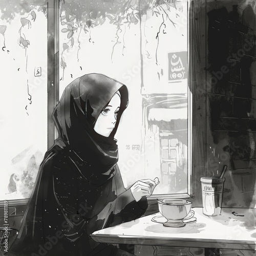 Manga style illustration of a Muslim woman sitting alone in a cafe, AI generated Image © marfuah
