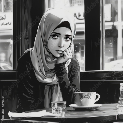 Manga style illustration of a Muslim woman sitting alone in a cafe, AI generated Image © marfuah