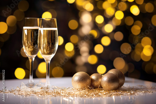 Champagne glass on wooden table and Christmas illumination on background. Concept of celebrating Christmas and New Year. copy space