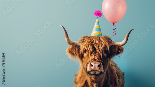 Cheerful celebration: sylvester new year's eve & birthday bash! Funny animal banner with scottish highland cattle cow wearing party hat, balloon, isolated on blue wall - perfect for greeting cards photo