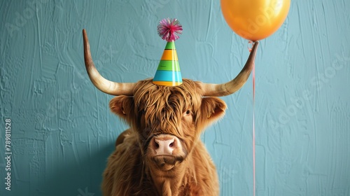 Cheerful celebration: sylvester new year's eve & birthday bash! Funny animal banner with scottish highland cattle cow wearing party hat, balloon, isolated on blue wall - perfect for greeting cards