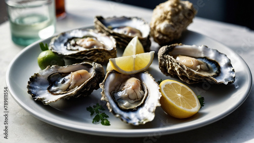 Fresh oysters are lying on a white plate, with lemon and vegetables nearby. It's a sea delicacy, seafood, food photo