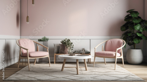 Immerse yourself in a cozy Scandinavian oasis with two chrs in assorted colors  a central table  and an empty canvas agnst a backdrop of pure pink  white  or yellow  offering a serene retreat.