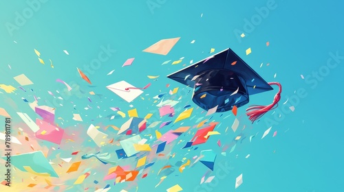 Celebrate with joy as colorful confetti bursts into the air adorning a sleek black Graduation cap