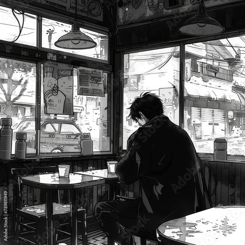 Manga style illustration of a man sitting alone in a cafe, AI generated Image © marfuah