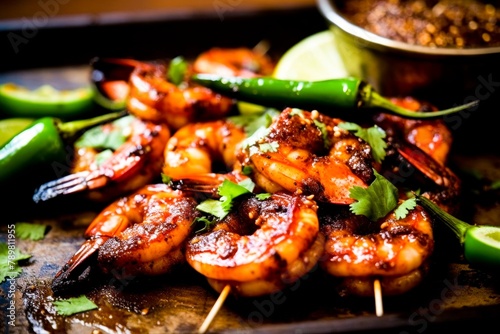 Close-up of plate with shrimp and peppers on skewers