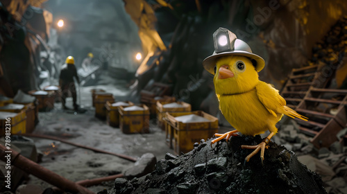 Canary wearing miner helmet in a coal mine, with workers in the background photo