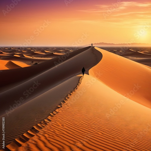 At the edge of an endless expanse of desert  a lone figure stands atop a windswept dune  silhouetted against the fiery hues of a setting sun  embodying the spirit of adventure and resilience in the ar