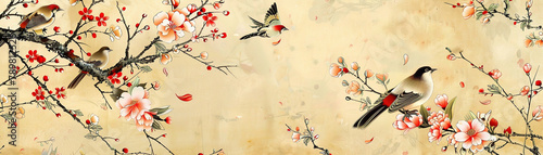 Chinoiserie cherry blossom branch pattern with birds and pagodas on silk , advertise photo
