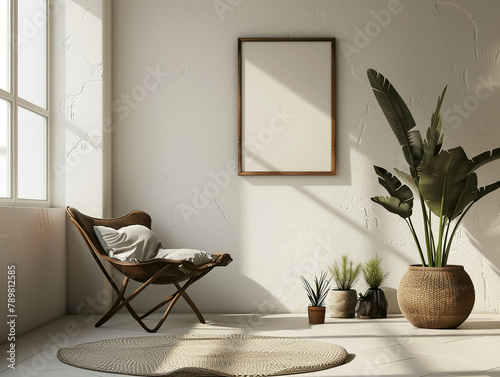 Empty frame presentation, zeninspired living space, ambient lighting, peaceful vibe , clean sharp focus photo