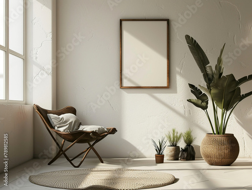 Mock up empty frame in minimalist room with chair and plants.
