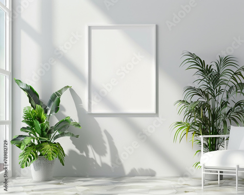 Square frame mockup, sleek living room, green plants, crisp product shot , no grunge, splash, dust photo