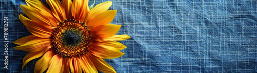 Sunflower pattern with detailed central disks and petals on a blue denim texture , clean sharp focus photo