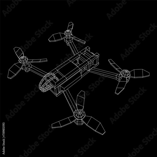 FPV Drone Racing freestyle sport flight. Hobby toys. Wireframe low poly mesh vector illustration.