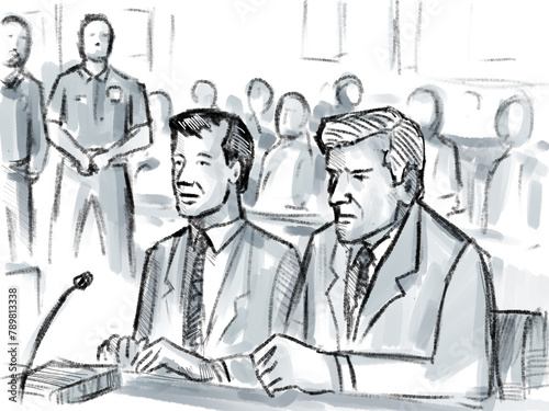 Pastel pencil pen and ink sketch illustration of a courtroom trial setting with lawyer and defendant, plaintiff or witness seated during on a court case hearing in judiciary court of law and justice.