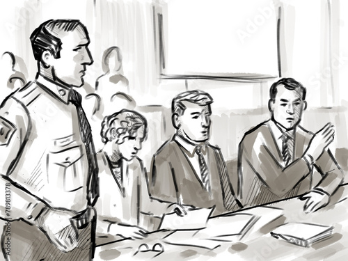 Pastel pencil pen and ink sketch illustration of a courtroom trial setting with lawyer and defendant, plaintiff seated with bailiff during on court case hearing in judiciary court of law and justice. (ID: 789813378)