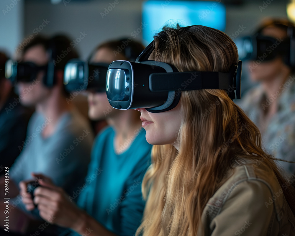 Women using virtual reality headsets Women using virtual reality headsets