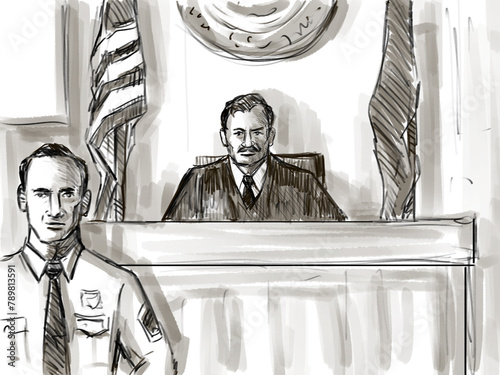 Pastel pencil pen and ink sketch illustration of a courtroom trial setting with judge and bailiff during on court case hearing in judiciary court of law and justice viewed from front.