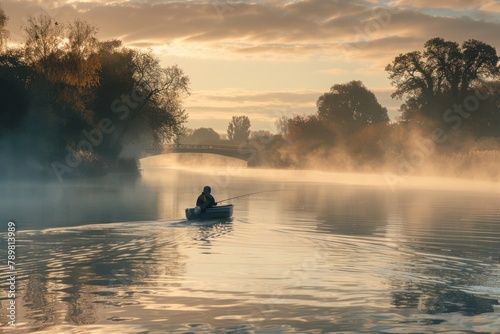 A man is in a small boat on a river