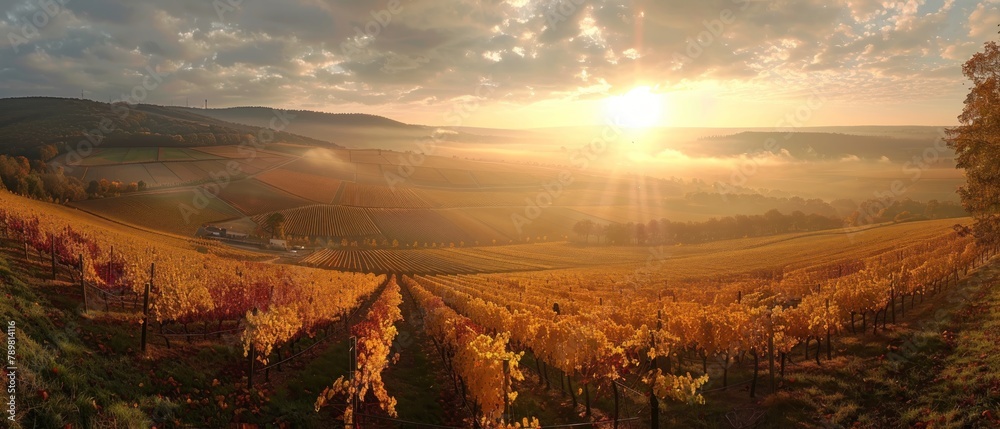 A beautiful sunset over a vineyard