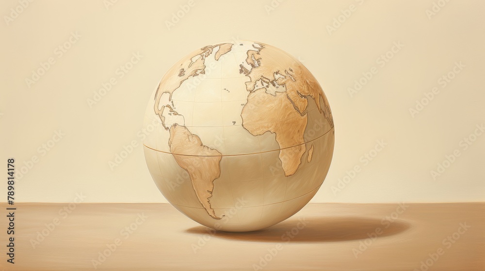 Carved wooden globe on a sandy surface with a minimalist aesthetic Carved wooden globe on a sandy surface with a minimalist aesthetic