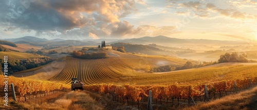 A beautiful landscape with a vineyard and a car driving through it