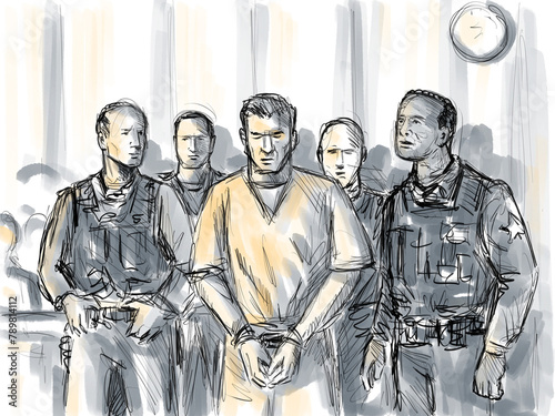 Pastel pencil pen and ink sketch illustration of an convicted defendant convict accompanied buy bailiff police officer for sentencing in courtroom or court of law drawing. (ID: 789814112)