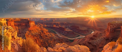 A beautiful sunset over a canyon with a river running through it