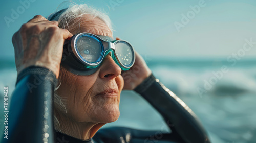 Portrait of a senior woman putting on swimming goggles at the beach. Outdoor wild swimming