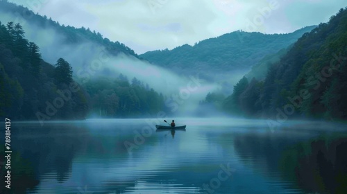 A man in a canoe is paddling on a lake surrounded by trees