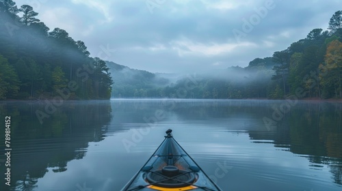 A kayak is on a lake with a foggy sky in the background