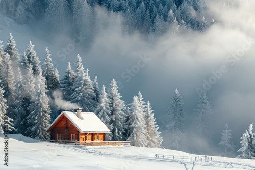 A small cabin is nestled in the woods, surrounded by snow-covered trees © Thanyaporn