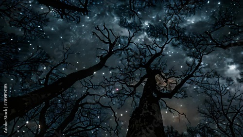 Silhouettes of the trees against night sky. 4k video animation photo