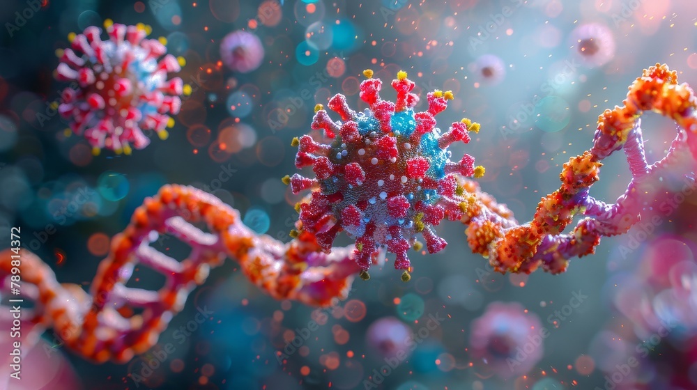 Detailed close-up of a colorful virus particle with DNA strand Detailed close-up of a colorful virus particle with DNA strand