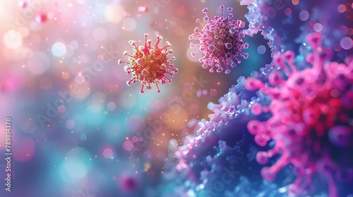 Close-up of vivid virus particles with spikes in a colorful microscopic view