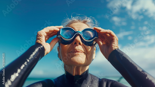 Portrait of a senior woman putting on swimming goggles at the beach. Outdoor wild swimming