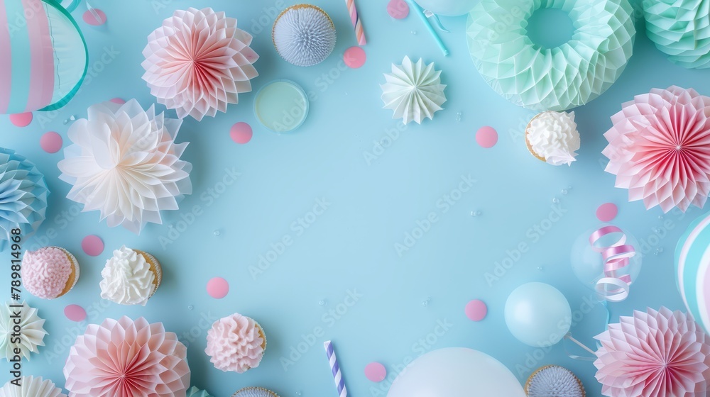 Fototapeta premium Pastel blue party decor flat lay: elegant border arrangement, top view concept for celebrations and events
