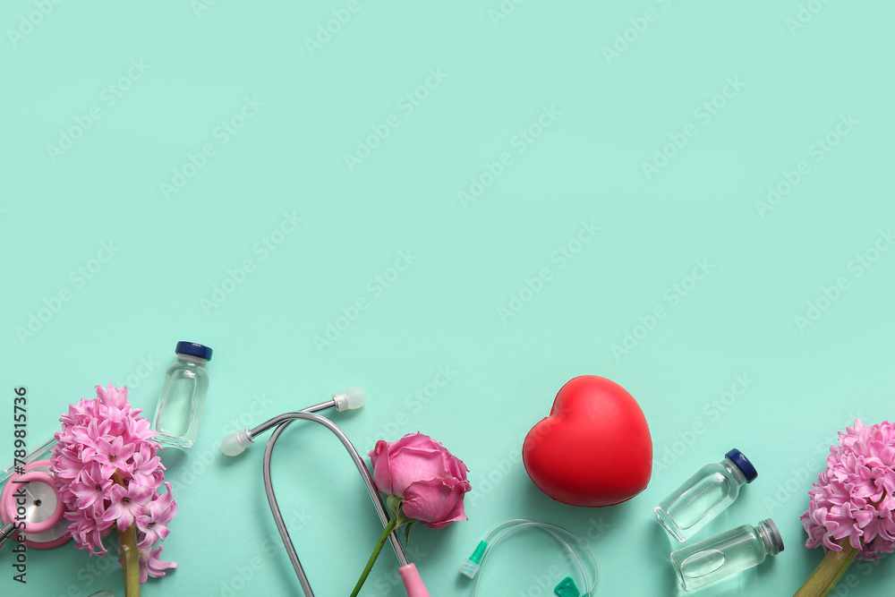 Stethoscope with heart, flowers and ampules for International Nurses Day on turquoise background