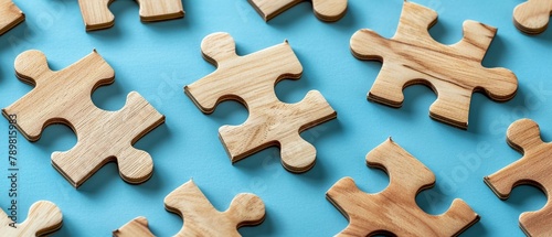 Wooden puzzle pieces joined together on a cerulean background, metaphor for effective teamwork and cooperation photo