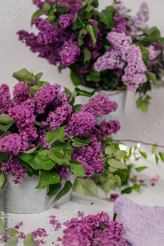 Fototapeta Naklejka Na Ścianę i Meble -  A beautiful composition of lilac bouquets on a light background, creating a soft and elegant atmosphere