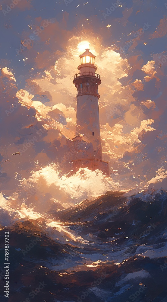 A lighthouse standing tall amidst stormy waves, its light illuminating the path through dark and tumultuous waters. Dark moody lighting with a focus on dramatic shadows.