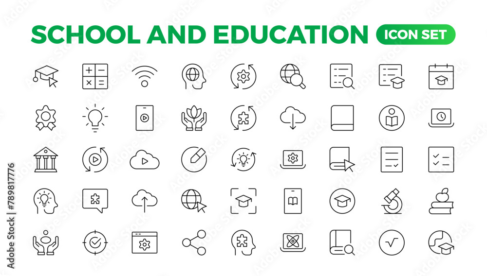 Back to school icon set with different vector icons related to education, success, academic subjects, and more. Education Learning thin line set. Education, School, editable stroke icons.