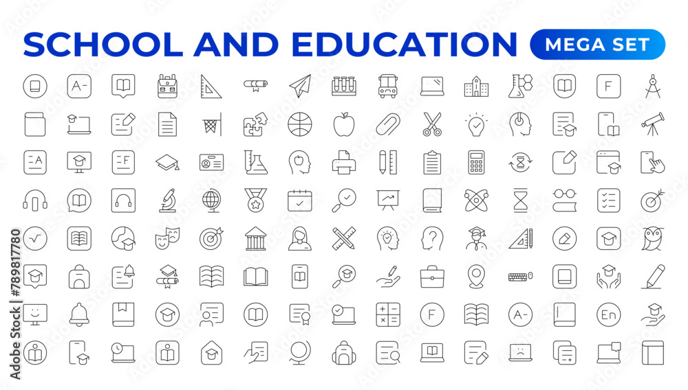Back to school icon set with different vector icons related to education, success, academic subjects, and more. Education Learning thin line set. Education, School, editable stroke icons. Back to school icon set with different vector icons related to education, success, academic subjects, and more. Education Learning thin line set. Education, School, editable stroke icons.