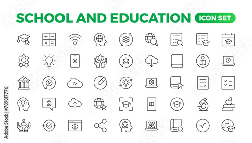 Back to school icon set with different vector icons related to education, success, academic subjects, and more. Education Learning thin line set. Education, School, editable stroke icons.