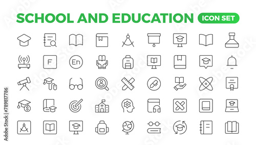 Back to school icon set with different vector icons related to education, success, academic subjects, and more. Education Learning thin line set. Education, School, editable stroke icons.